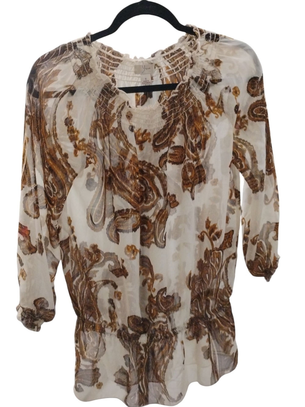 Boho Cream Paisley Peasant Blouse with Brown Print SZ S